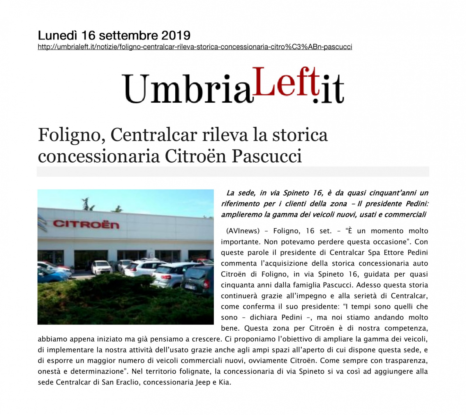 Foligno, Centralcar rileva la storica concessionaria Citroën Pascucci