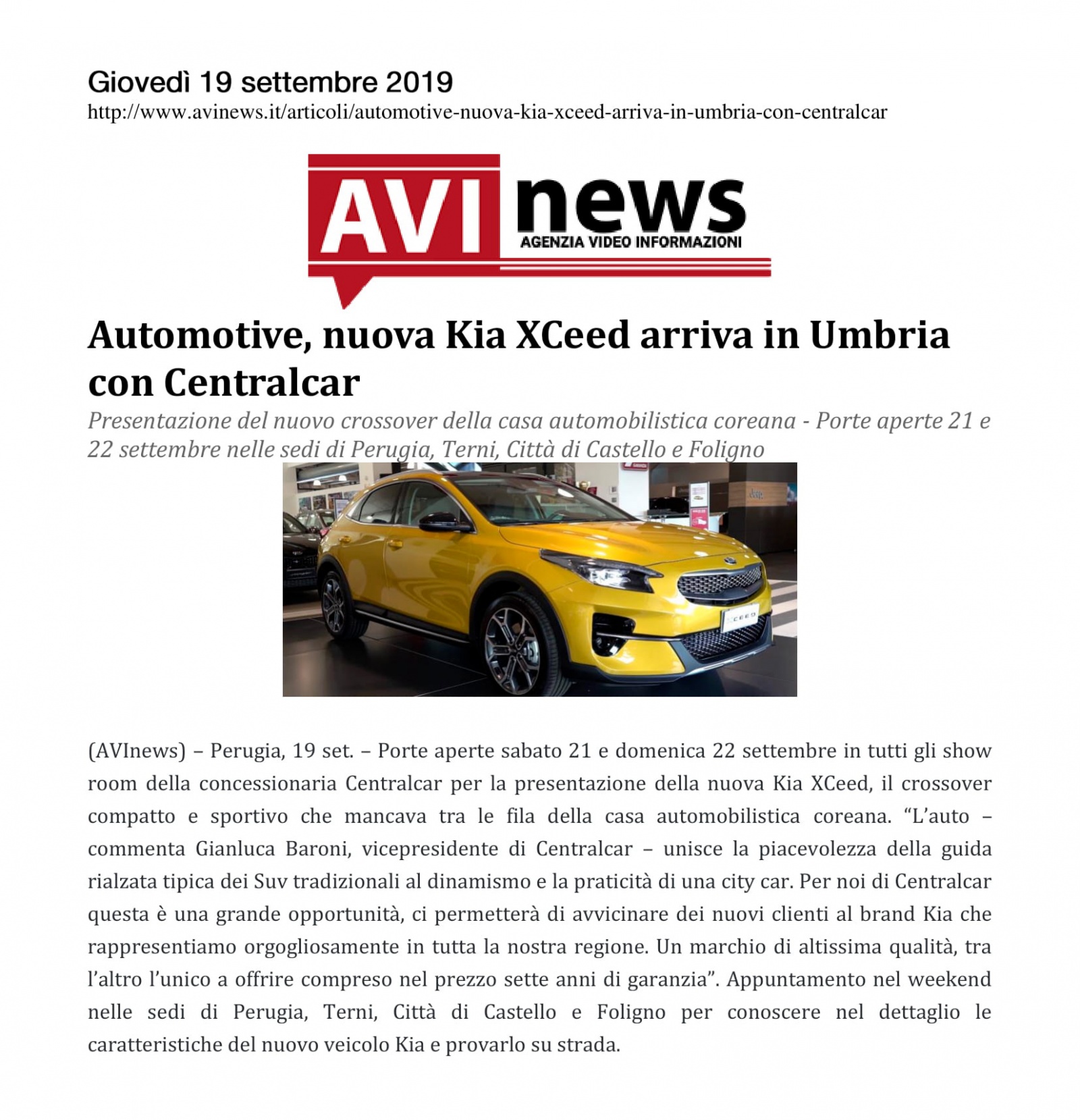 Automotive, nuova Kia XCeed arriva in Umbria con Centralcar