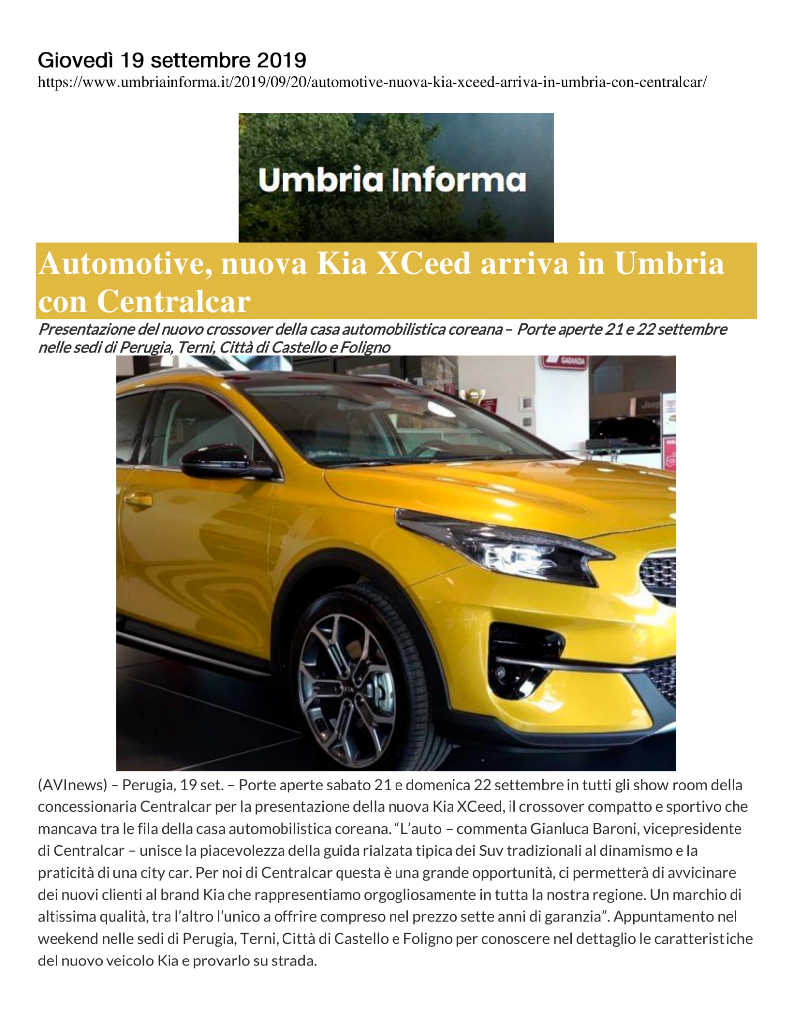 Automotive, nuova Kia XCeed arriva in Umbria con Centralcar