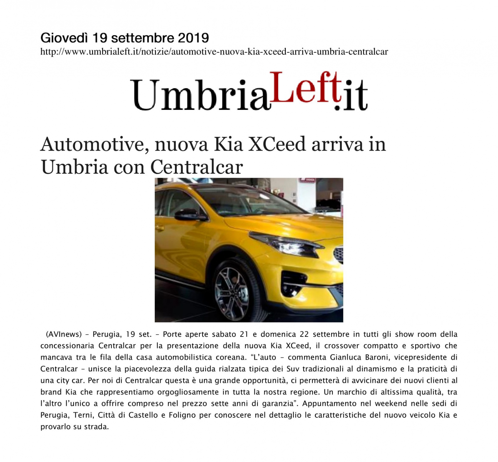 Automotive, nuova Kia XCeed arriva in Umbria con Centralcar