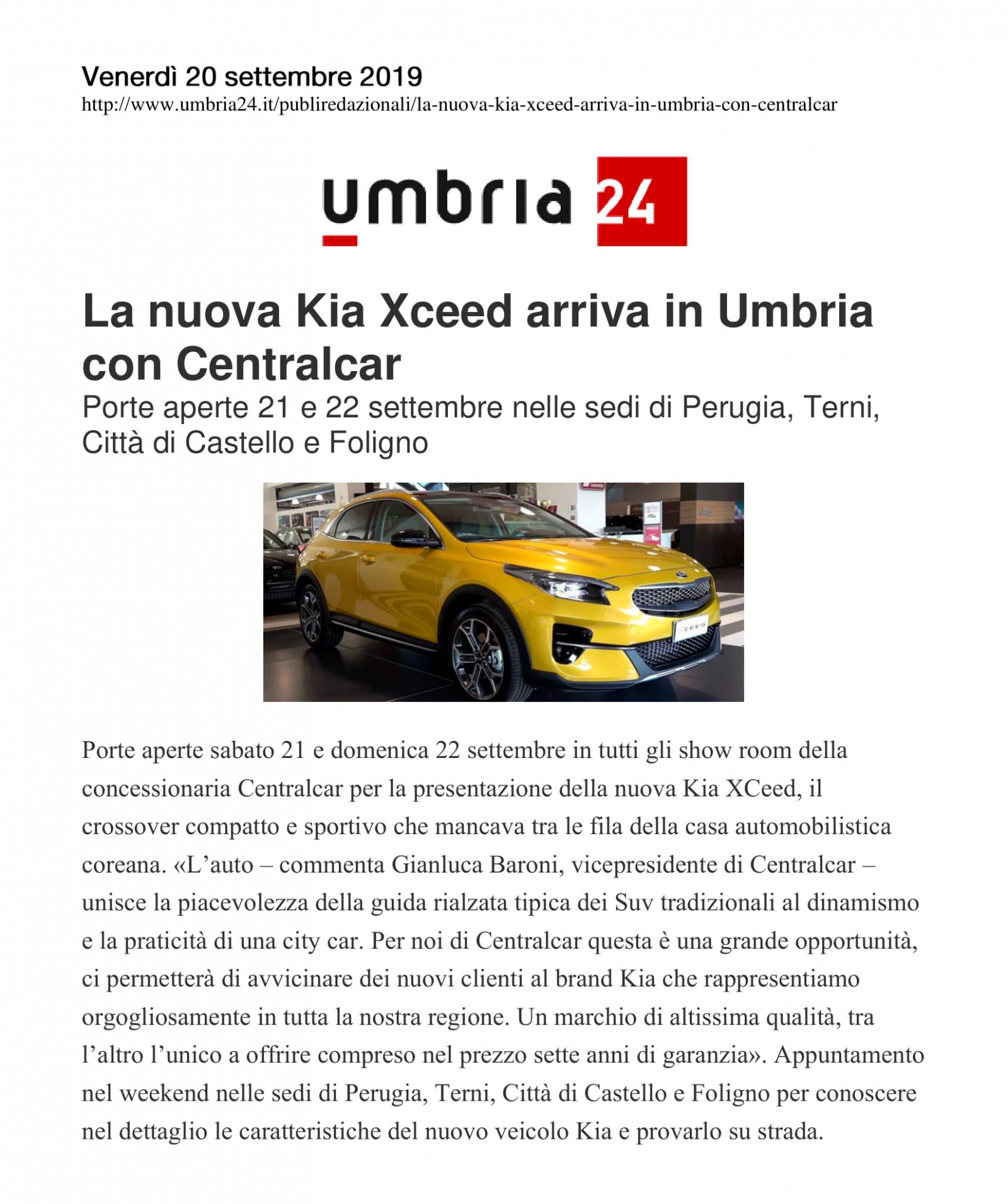 La nuova Kia Xceed arriva in Umbria con Centralcar