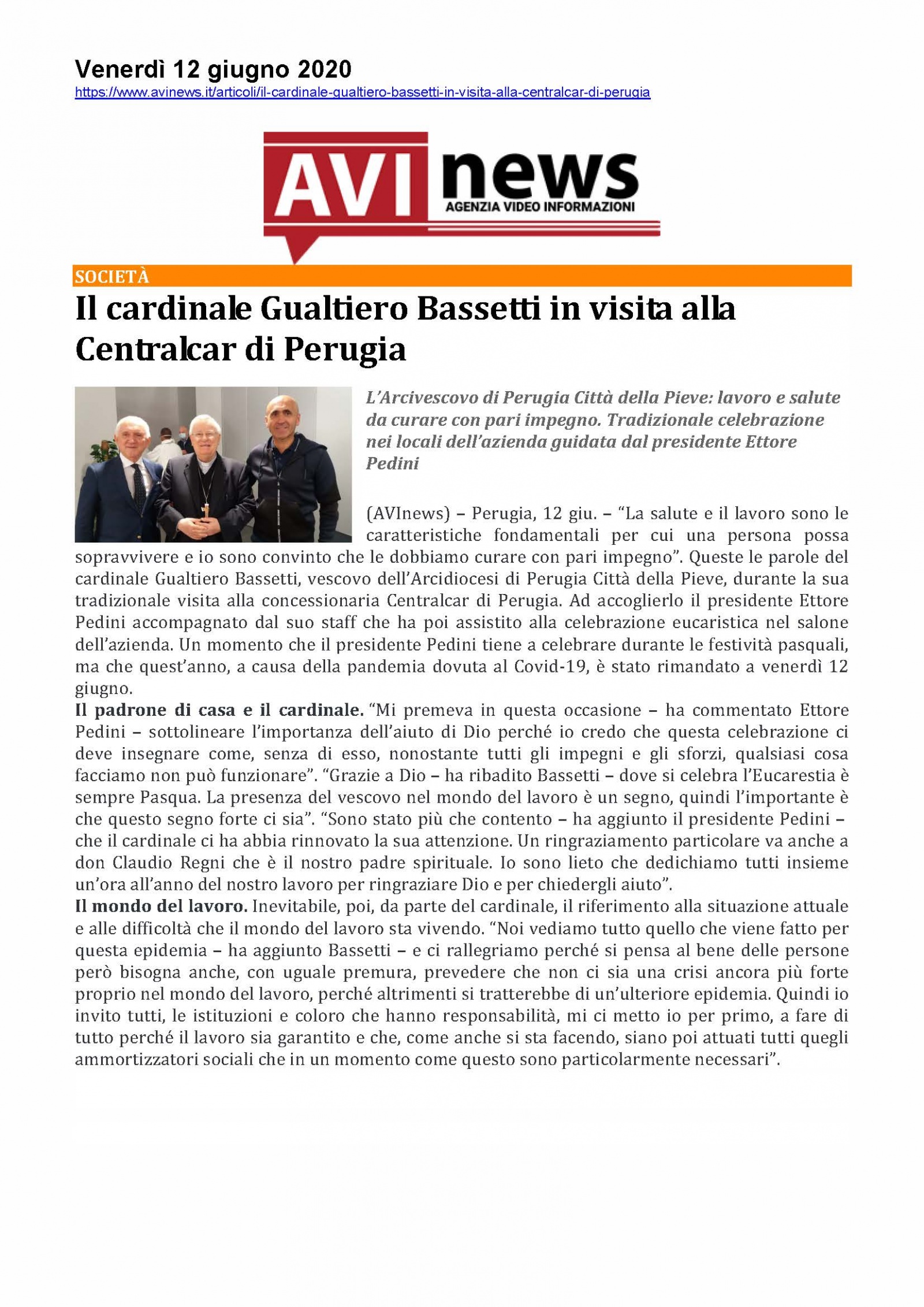 Il cardinale Gualtiero Bassetti in visita alla Centralcar di Perugia