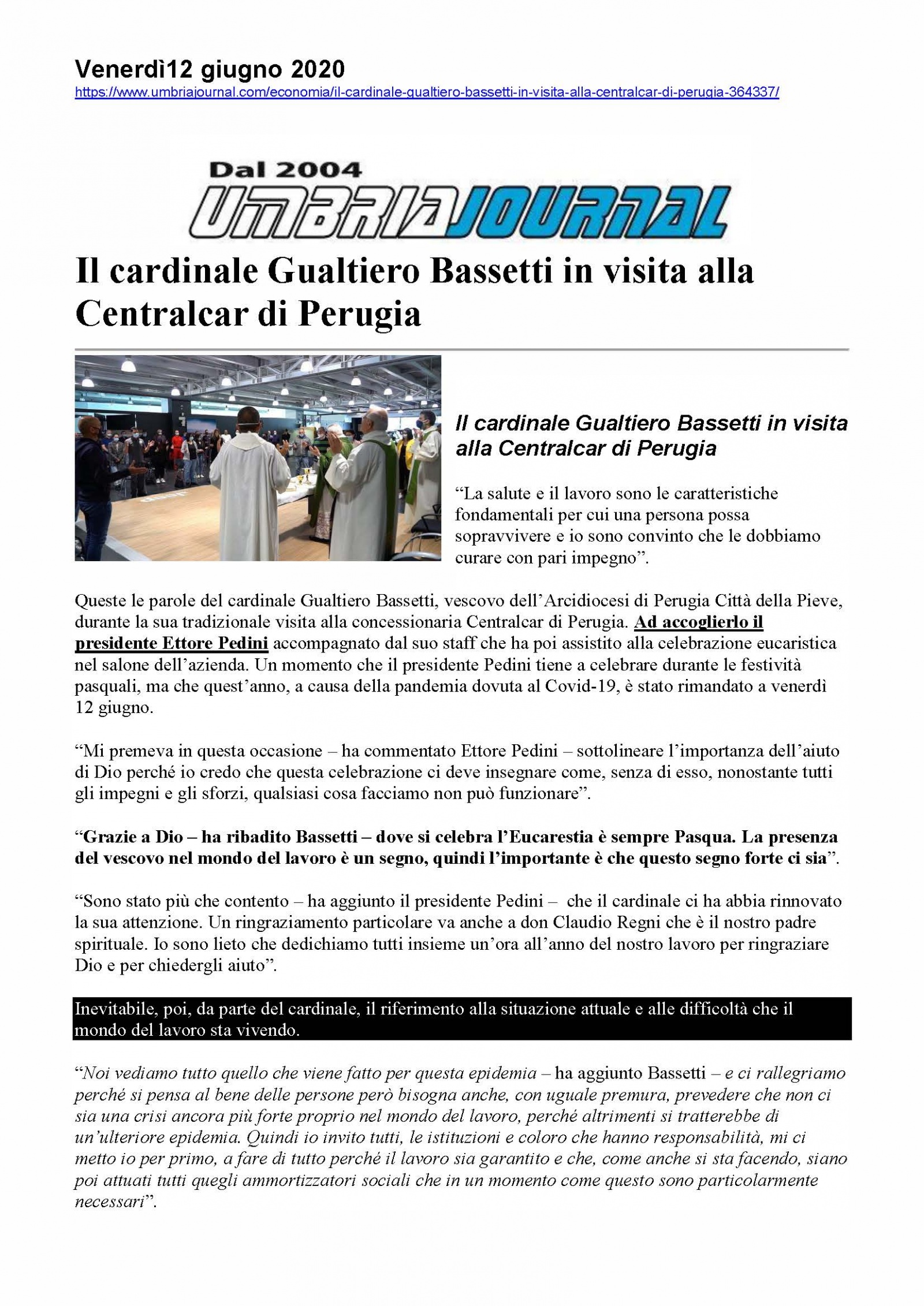 Il cardinale Gualtiero Bassetti in visita alla Centralcar di Perugia