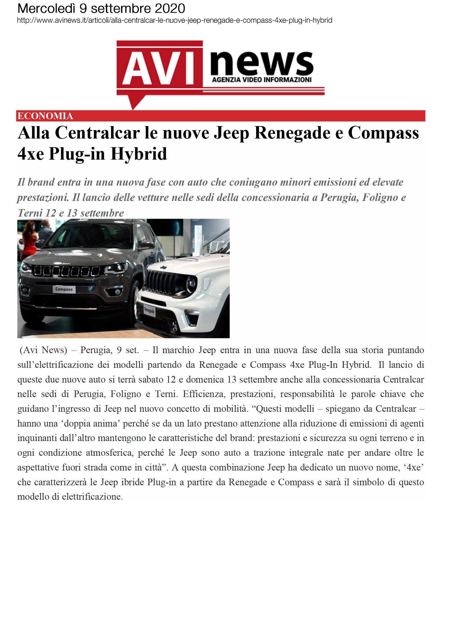 Alla Centralcar le nuove Jeep Renegade e Compass 4xe Plug-in Hybrid