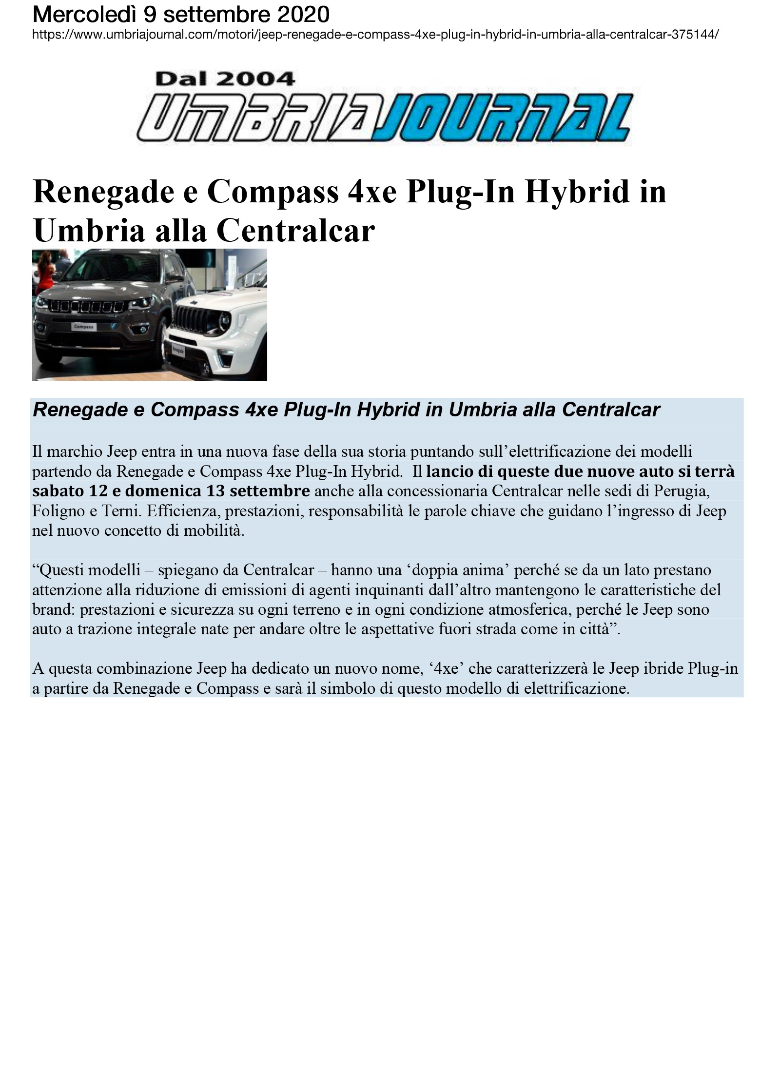 Renegade e Compass 4xe Plug-in Hybrid in Umbria alla Centralcar