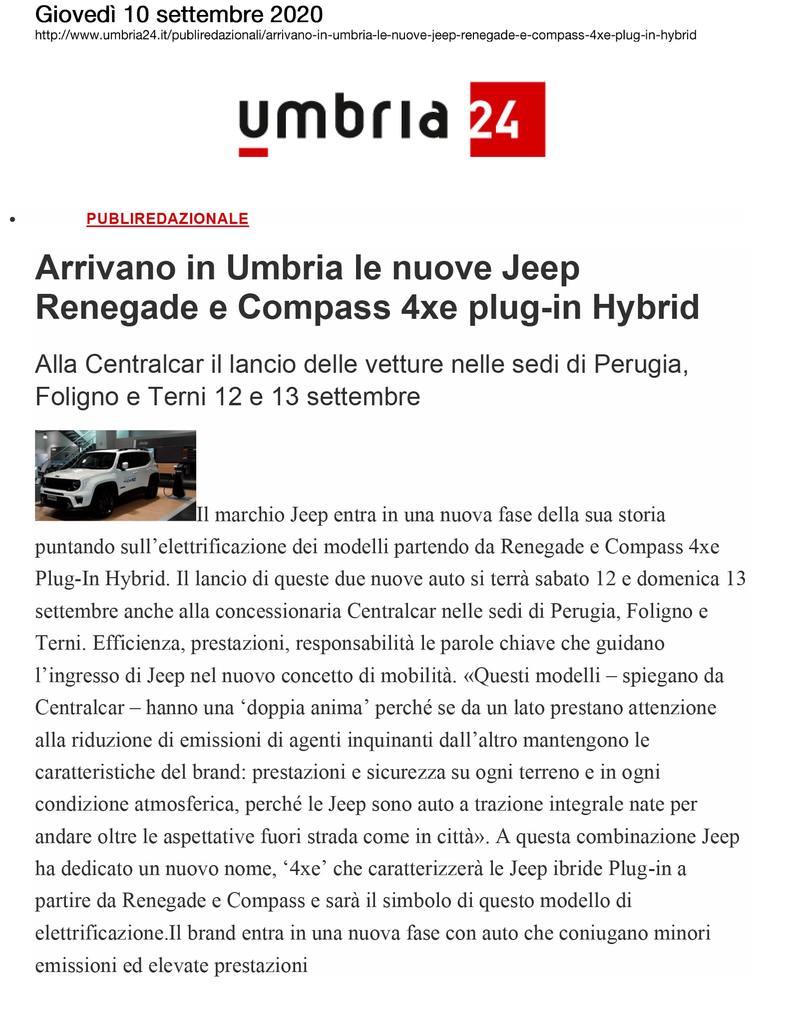 Arrivano in Umbria le nuove Jeep Renegade e Compass 4xe plug-in Hybrid