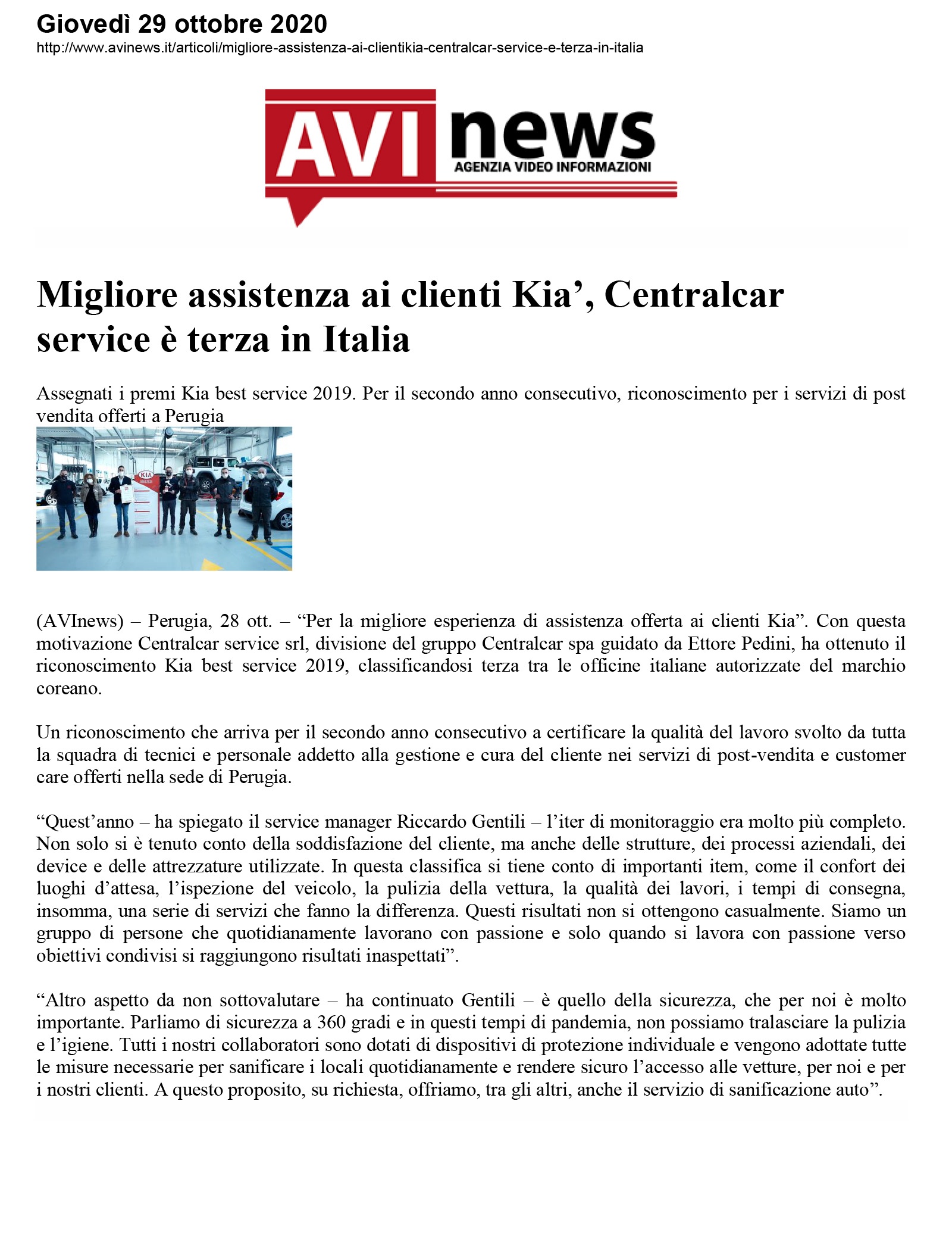 ‘Migliore assistenza ai clienti Kia’, Centralcar service è terza in Italia