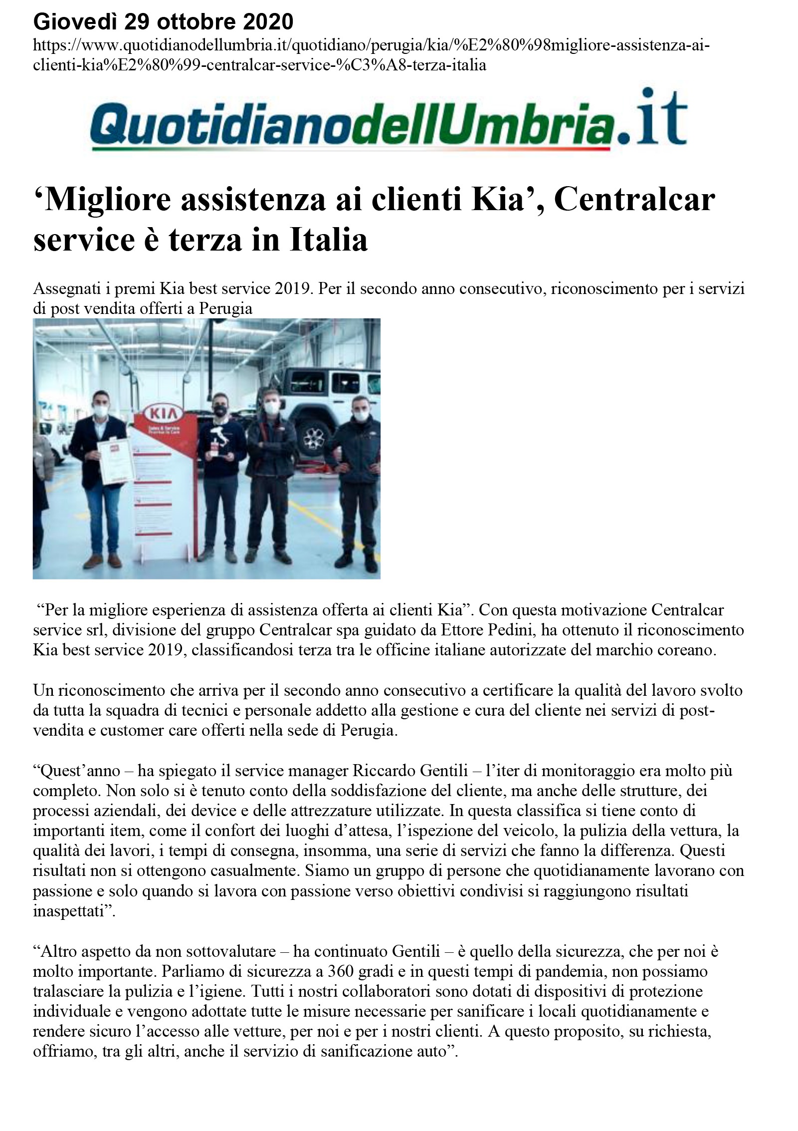 'Migliore assistenza ai clienti Kia', Centralcar service è terza in Italia