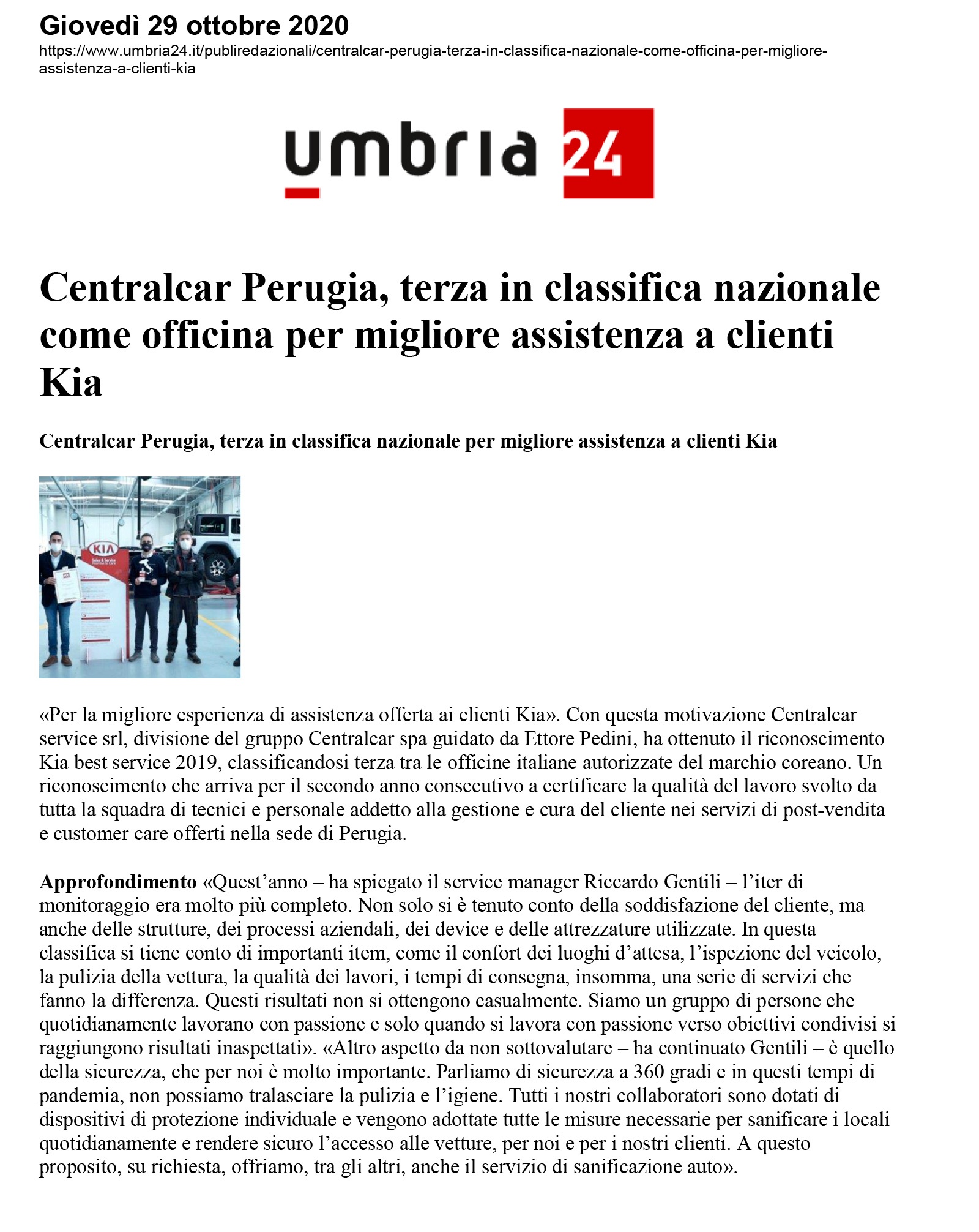 Centralcar Perugia, terza in classifica nazionale come officina per migliore assistenza a clienti Kia