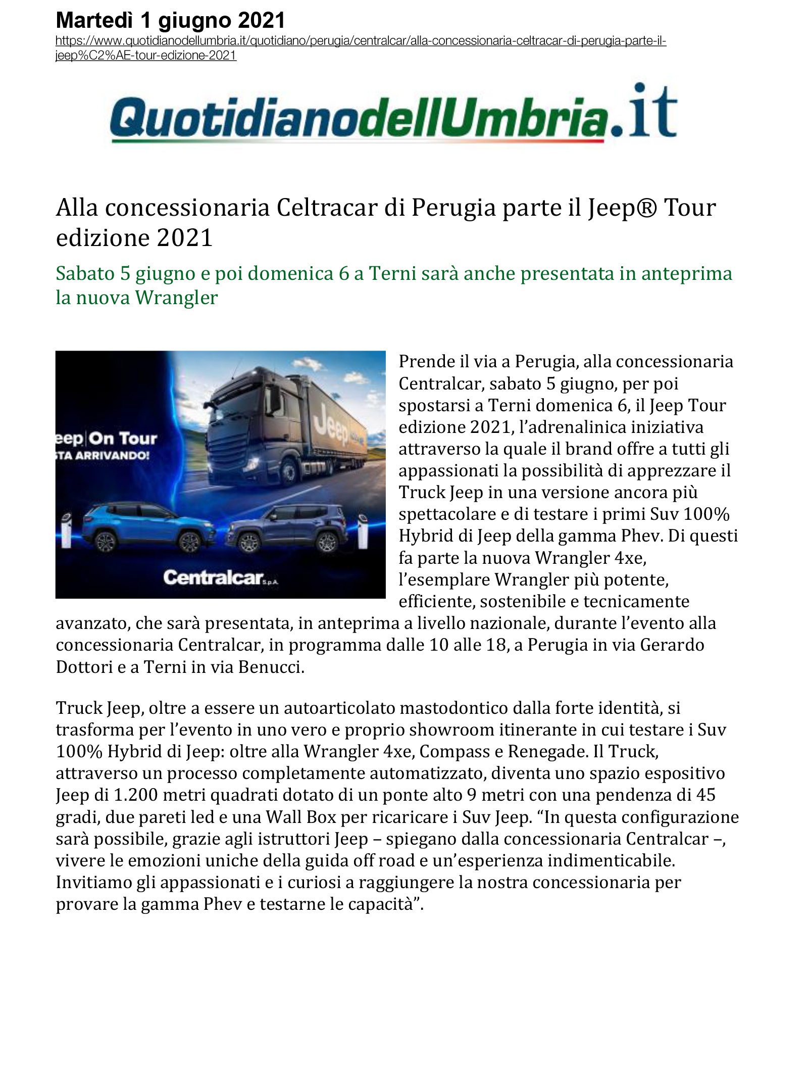 Alla concessionaria Celtracar di Perugia parte il Jeep Tour  edizione 2021