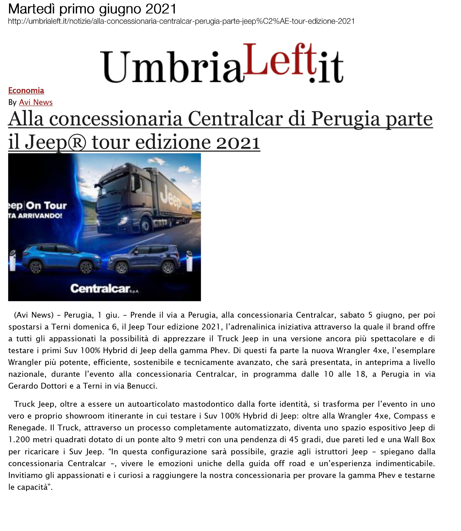 Alla concessionaria Celtracar di Perugia parte il Jeep Tour  edizione 2021