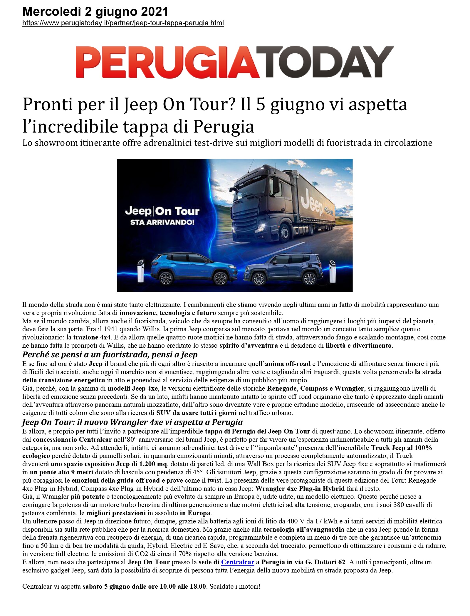 Pronti per il Jeep On Tour? Il 5 giugno vi aspetta  l’incredibile tappa di Perugia