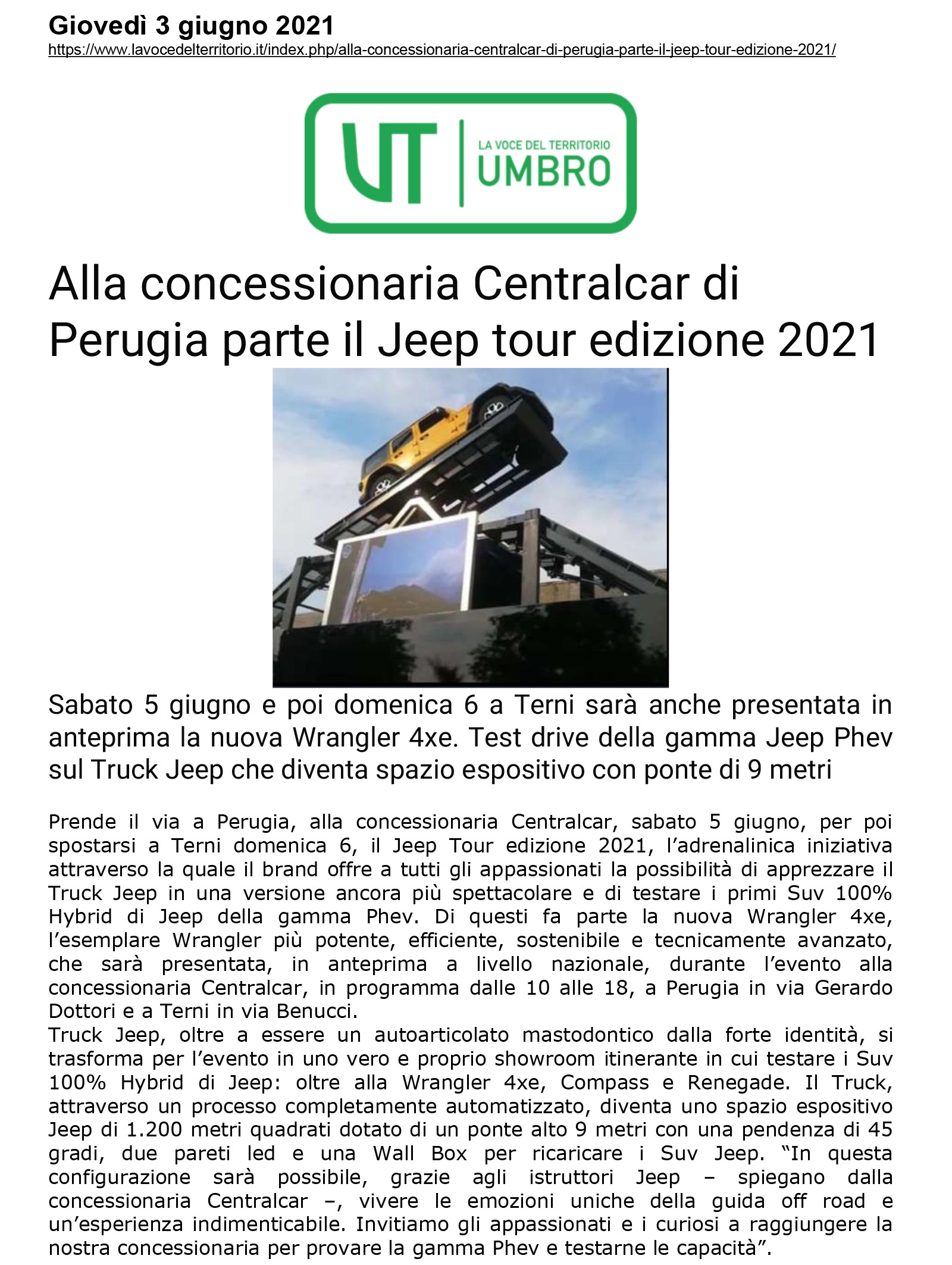 Alla concessionaria Centralcar di  Perugia parte il Jeep tour edizione 2021