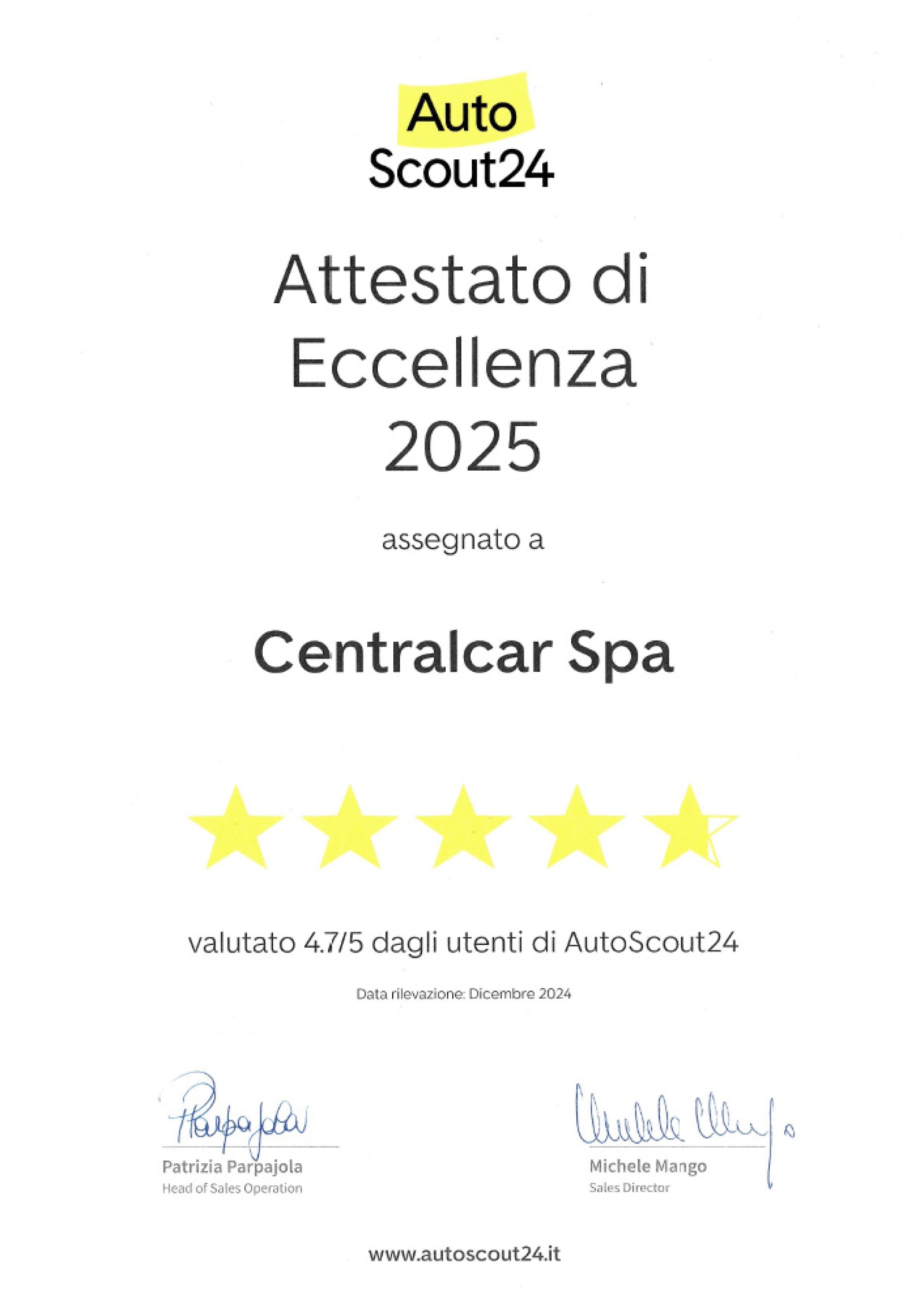 Attestato di Eccellenza 2025 AutoScout24