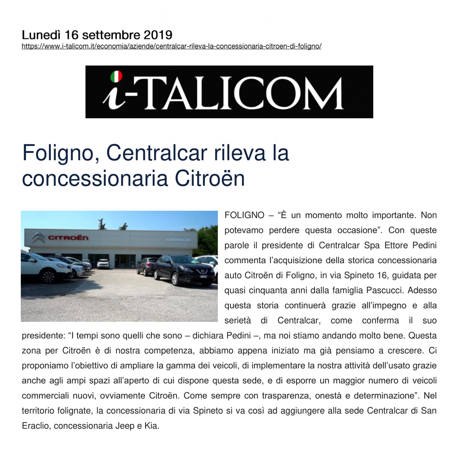 Foligno, Centralcar rileva la concessionaria Citroën