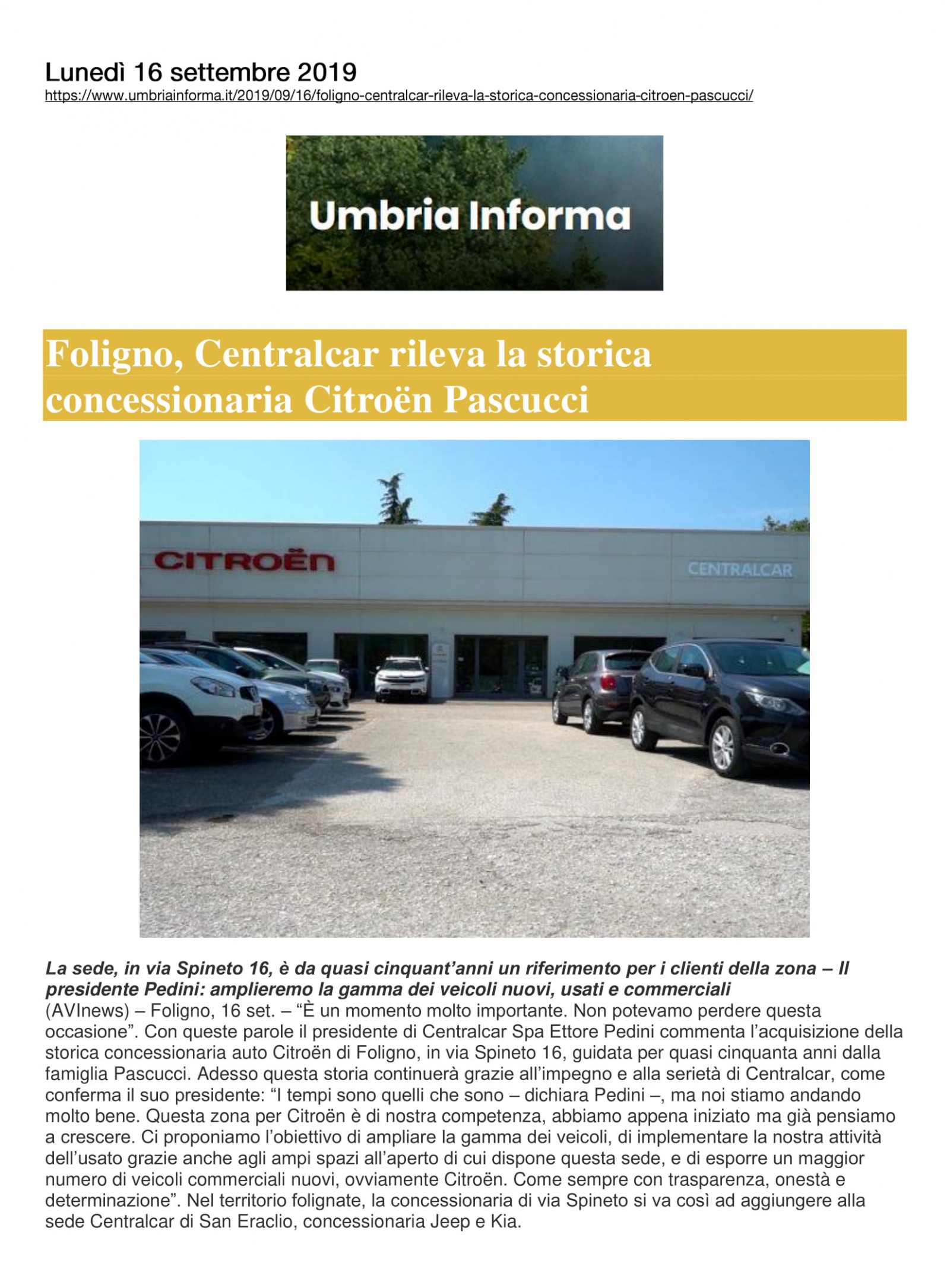 Foligno, Centralcar rileva la storica concessionaria Citroën Pascucci